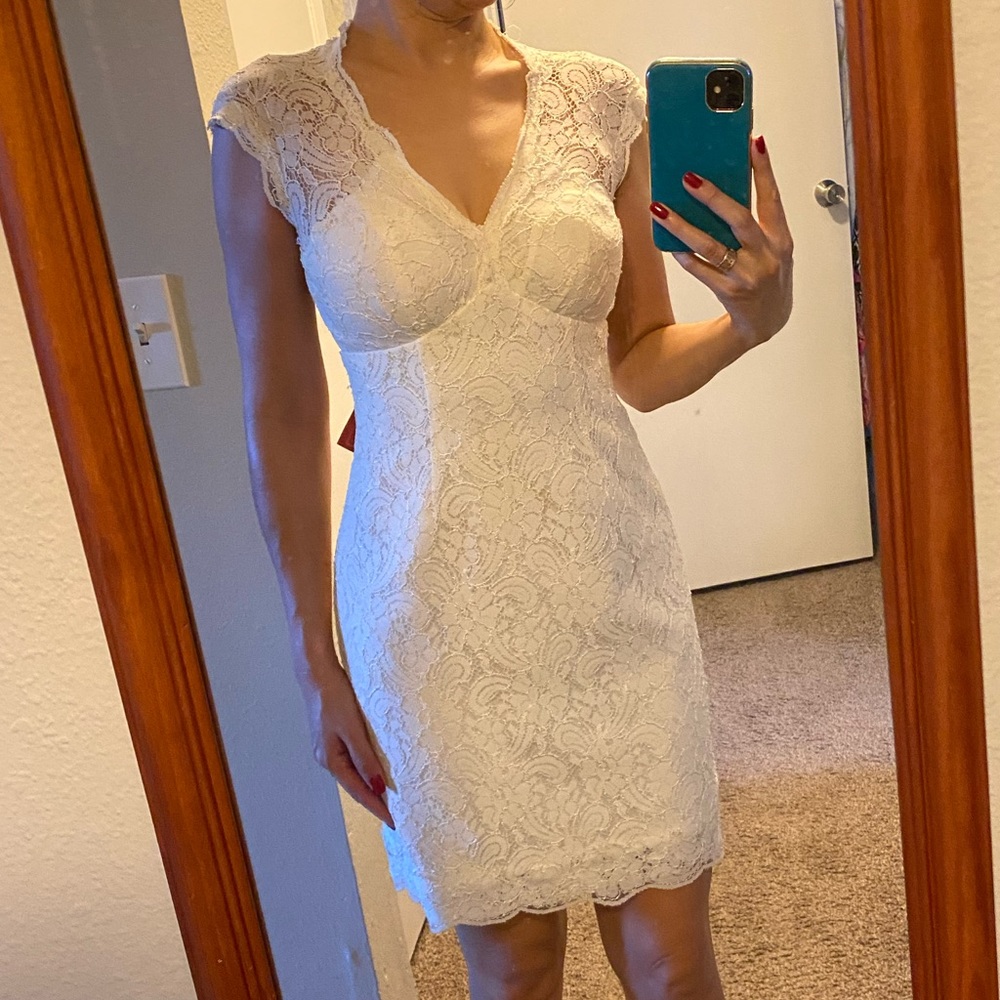 White lace short sleeve open back dress